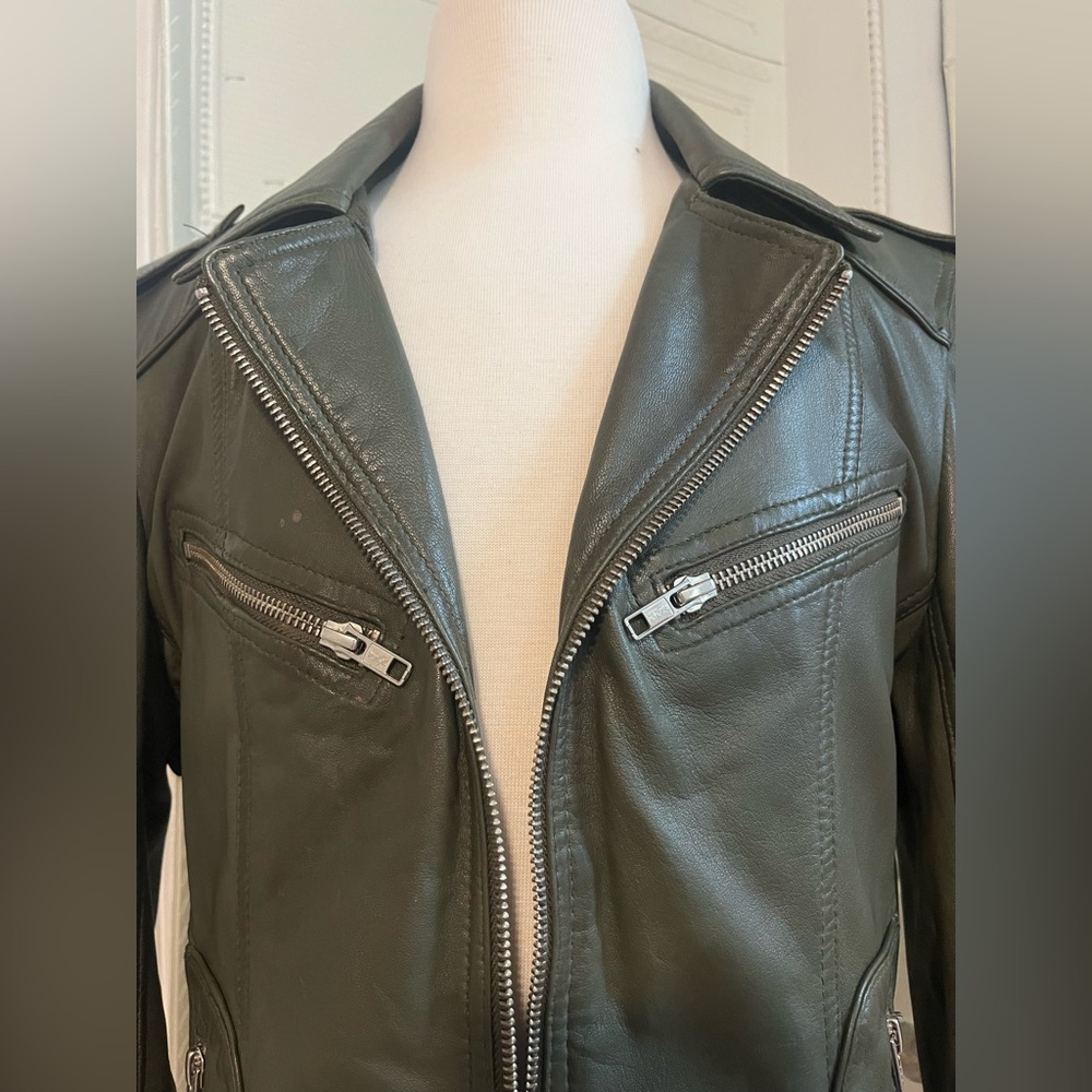 Vintage Forest Green Genuine Leather Moto Jacket Carrie Horton Size 14 - Picture 5 of 15